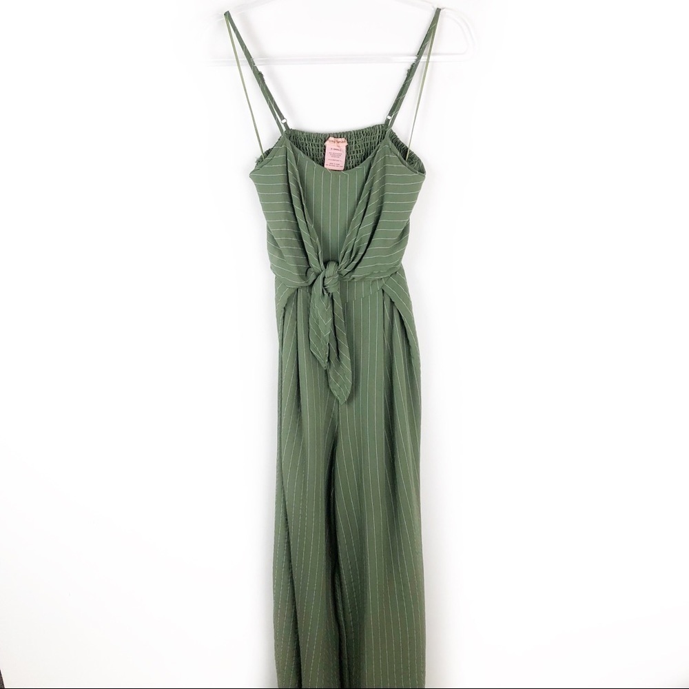 Flying Tomato - olive green pinstripe tie-front jumpsuit size: XS